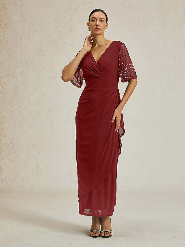 Women's Maxi Dress Sheath Dress Elegant Wedding Guest Evening Party Cocktail Party Regular Fit Solid Color Short Sleeve V Neck Red Summer Spring Fall4