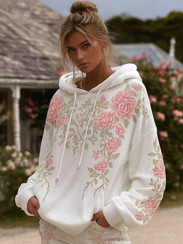 Women's Pullover Hoodie Sweatshirt Floral Graphic Elegant Warm Active Long Sleeve Hooded Regular Tops Street Dailywear Casual Patchwork Print White Spring Fall Winter2
