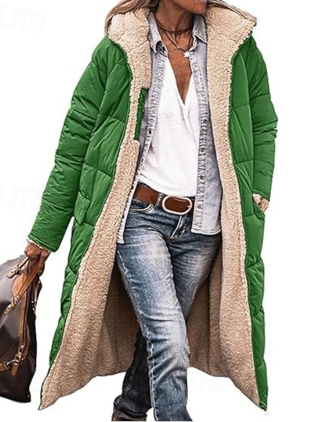  Women's Winter Coat Windproof Warm Open Front Vintage Daily Casual Plain Vacation Casual Daily Open Front Long Hooded Regular Fit Long Sleeve Outerwear Pink Blue Green Fall Winter