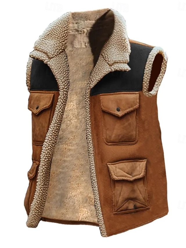  Herren Weste aus Wildlederimitat Fleeceweste Outdoor Lässig Täglich Mode Retro Herbst Winter Tasche Polyester Thermowarm Bequem Farbblock Reisverschluss Revers Normale Passform Braun Weste