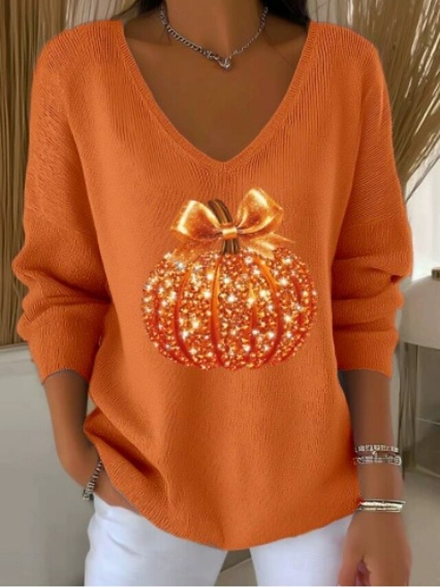 Halloween Women's Sweater Casual Soft Ribbed V Neck Knitted Long Sleeve Regular Tops Knit Outdoor Daily Black Orange Fall Winter4