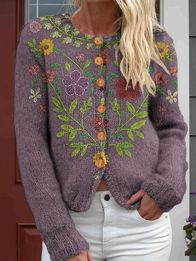 Women's Cardigan Fashion Daily Casual Floral Graphic Ribbed Crew Neck Buttons Print Long Sleeve Regular Tops Knit Outdoor Daily Date Purple Fall Winter4