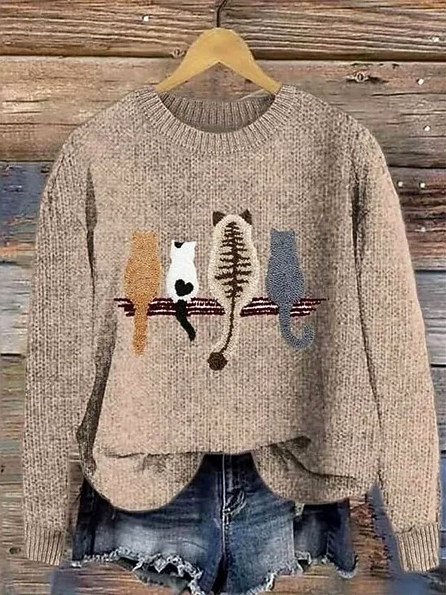 Women's Sweater Pullover Daily Casual Graphic Animal Ribbed Crew Neck Knitted Print Long Sleeve Regular Tops Knit Outdoor Weekend Khaki Fall Winter4