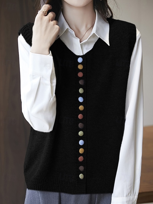  Women's Sweater Sweater Vest Streetwear Casual Solid Color Crew Neck Buttons Knitted Sleeveless Regular Tops Knit Daily Holiday Going out Black Red Fall Winter