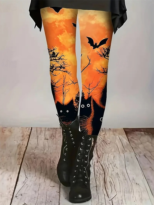 Damen Leggings Gemütliche Leggings Basic Lässig Volle Länge Hohe TaillePantsHalloween Katze Fledermaus Drucken Thermowarm Bequem Dehnbar Urlaub Straße Lässig Orange Herbst Winter Schmale Passform