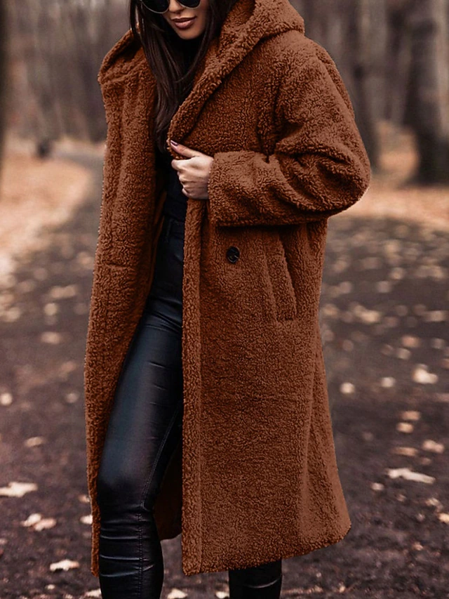 Women's Winter Coat Fleece Jacket Warm Comfortable Pocket Buttons Fashion Casual Plain Vacation Street Casual Daily Wear Single Breasted Long Hooded Regular Fit Long Sleeve Outerwear Brown Fall Winter4