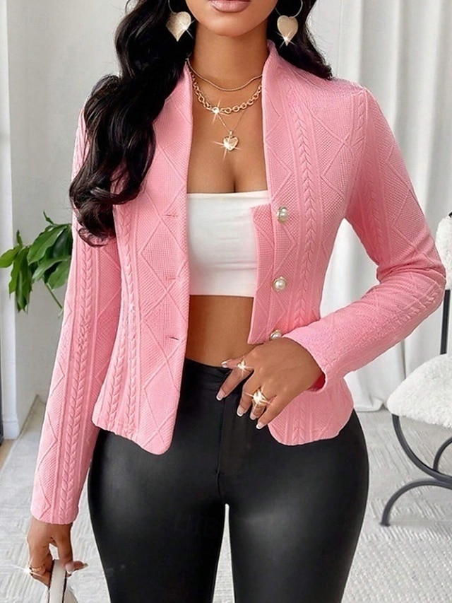  Dámské Neformální bunda Pohodlné Knoflíky Elegantní Módní Bez vzoru Jdeme ven Běžné / Denní Víkend Jednořadé Krátké Do V Běžný Dlouhý rukáv Svrchní oděvy Bílá Světlá růžová Hnědá Jaro Podzim
