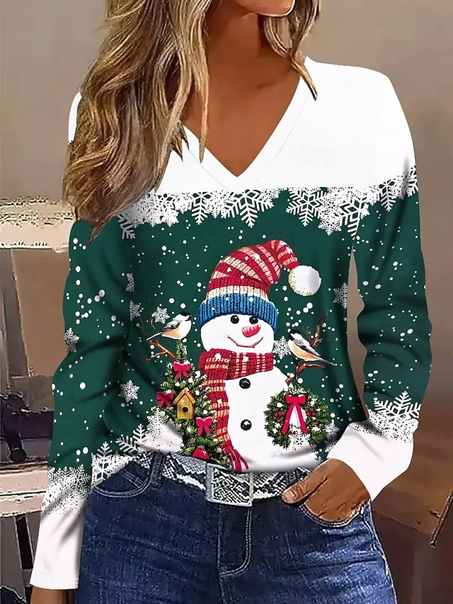  Noël Femmes T-shirt Graphique Bonhomme de neige ancien Élégant Classique manche longue Col en V Hauts Réguliers Quotidien Imprimé Vert Printemps Automne Hiver
