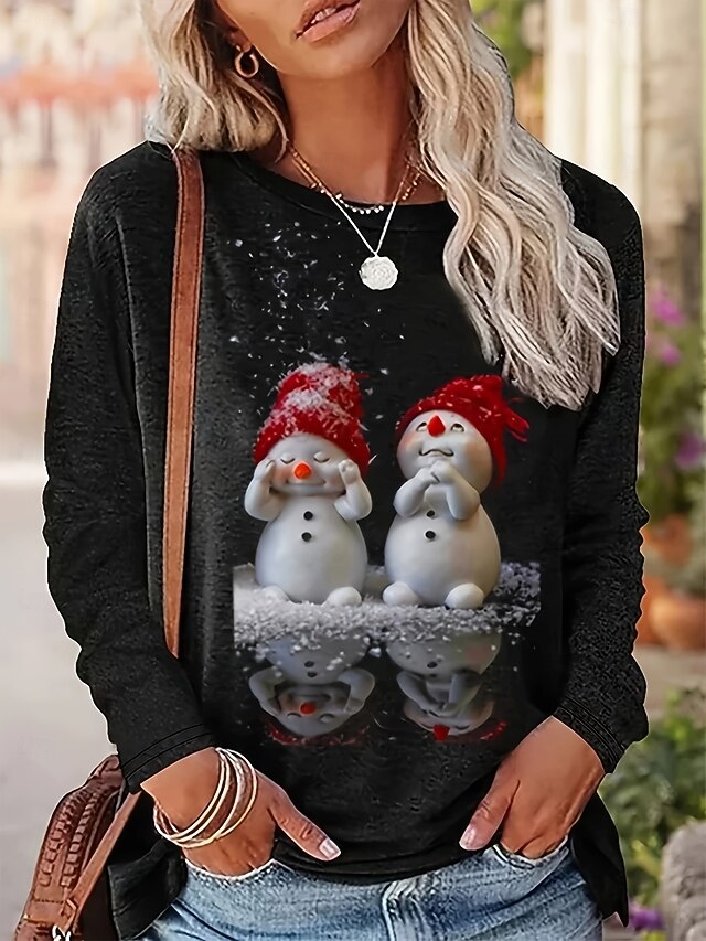 Christmas Women's T Shirt Graphic Snowman Elegant Vintage Fashion Long Sleeve Crew Neck Regular Tops Daily Going out Weekend Print Black Spring Fall Winter4