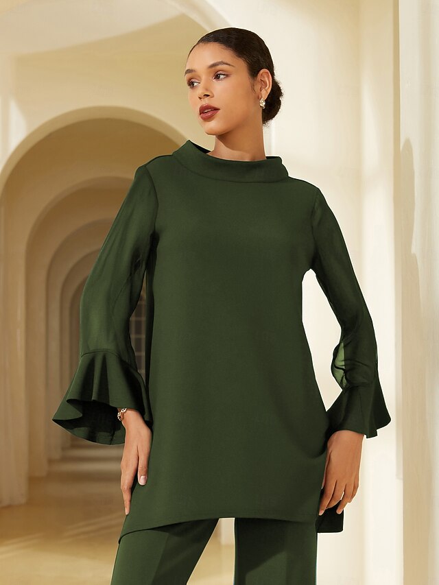 Women's Army Green Solid Chiffon Tencel Roma Patchwork Ruffle Three Quarter Sleeve Stand Collar Blouse4