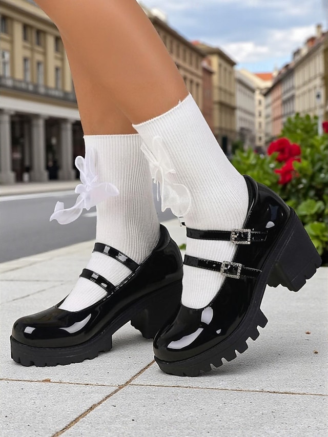  Chaussures Mary Jane à plateforme en similicuir verni noir pour femmes - Double bride à talon épais, style écolière pour la mode Harajuku, le cosplay et le streetwear de tous les jours