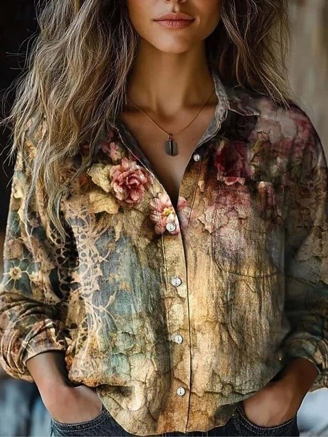 Women's Shirt Floral Graphic Paisley Elegant Stylish Retro Vintage Long Sleeve Shirt Collar Regular Tops Daily Holiday Pocket Buttons Print Blue Sky Blue Khaki Summer4