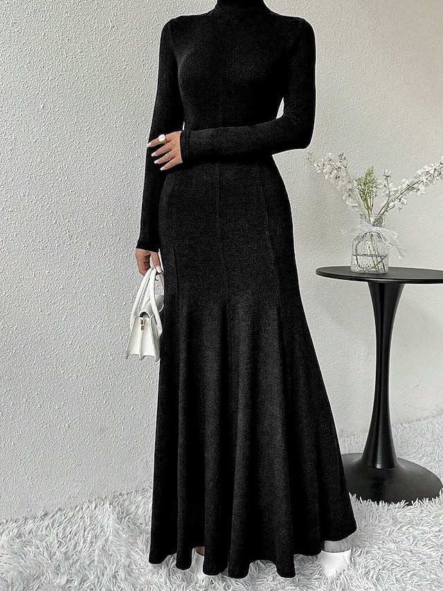  Pentru femei Rochii Midi Rochie neagra Rochie casual Elegant Modă Modern În aer liber Zilnic Ieșire Fit regulat Simplu Manșon Lung Guler Pe Gât Negru Primăvară Iarnă Toamnă