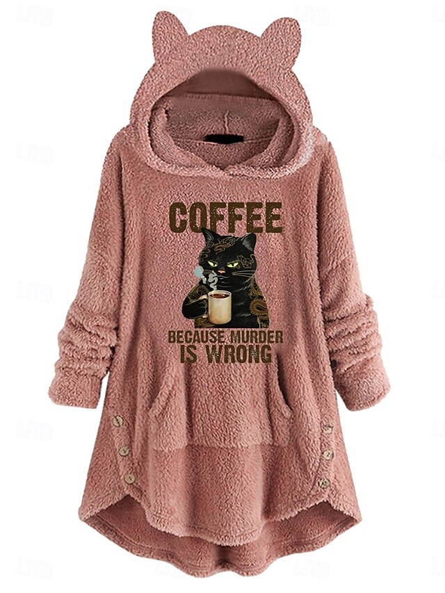 Women's Pullover Hoodie Sweatshirt Cat Casual Long Sleeve Hooded Long Tops Street Dailywear Casual Pink Wine Gray Fall Winter4