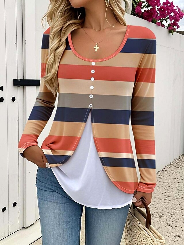 Women's T Shirt Graphic Plaid Striped Elegant Vintage Stylish Long Sleeve Crew Neck Round Neck Regular Tops Daily Buttons Print Tiered Orange Spring Fall Winter4