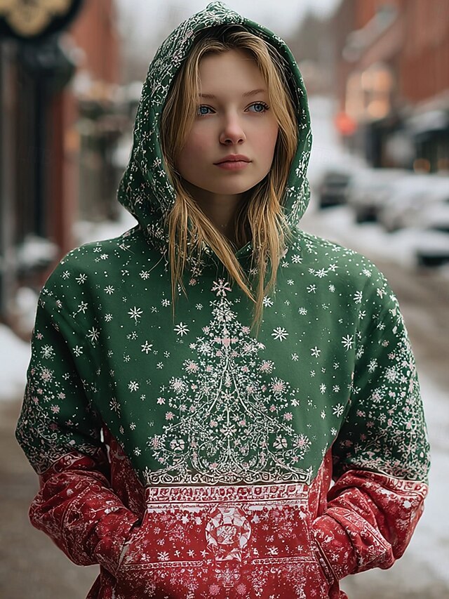Women's Pullover Hoodie Sweatshirt Graphic Christmas Tree Tribal Casual Long Sleeve Hooded Regular Tops Party Evening Wear Street Dailywear Black Red Green Spring Fall Winter4