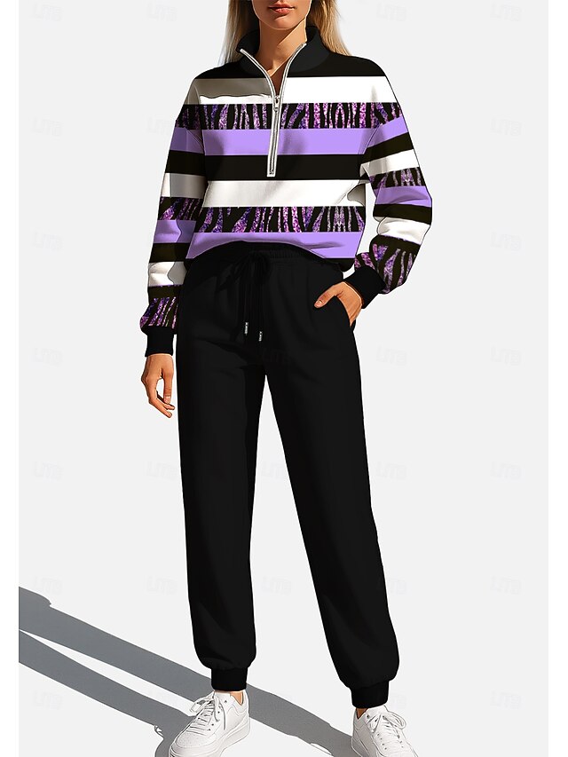 Women's Sweatshirt Tracksuit Sweatsuit Drawstring Zipper Geometric Jacket and Sweatpants Athletic Clothing Set Spring Purple Casual Workout Outdoor Soft Baggy Long Sleeve Sport Activewear4