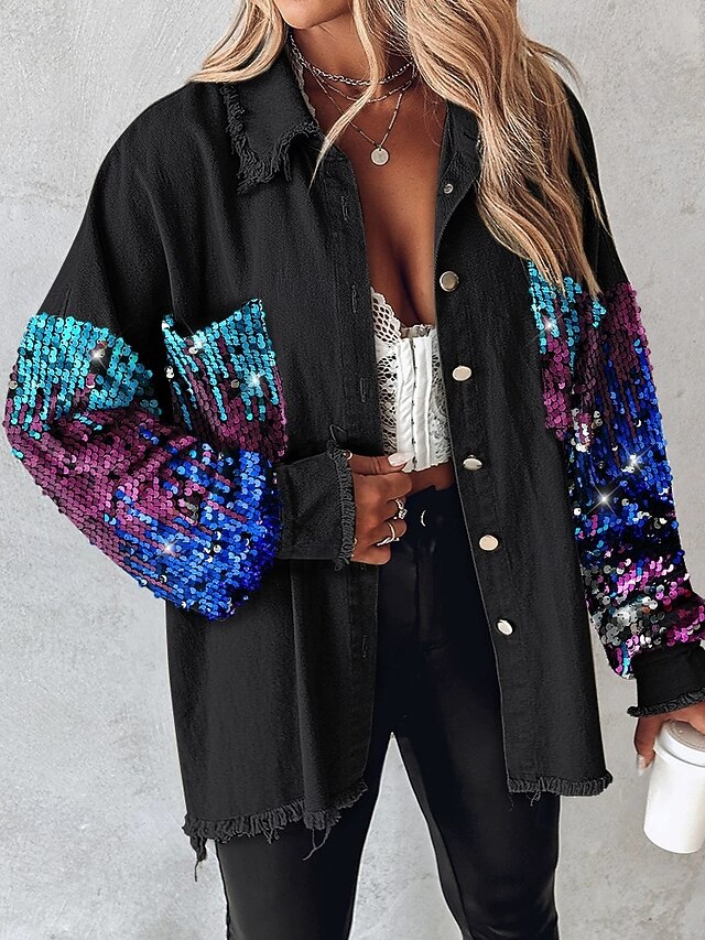 Women's Casual Jacket Comfortable Breathable Pocket Buttons Casual Color Block Vacation Street Casual Daily Wear Single Breasted Short Turndown Regular Fit Long Sleeve Outerwear Black Spring Fall4