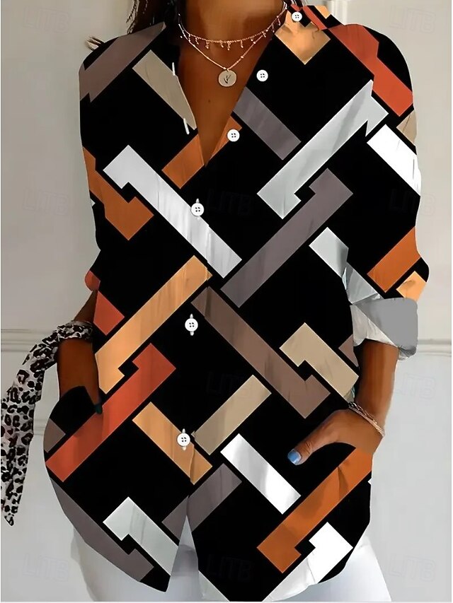 Women's Shirt Graphic Geometric Abstract Vintage Daily Casual Long Sleeve Shirt Collar Regular Tops Daily Holiday Print Black Light Brown Brown Summer Spring4