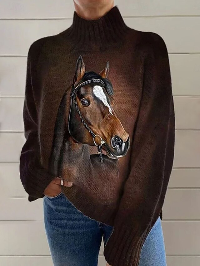 Women's Sweater Pullover Horse Daily Graphic Animal Ribbed Turtleneck Knitted Print Long Sleeve Regular Tops Knit Outdoor Weekend Brown Fall Winter4