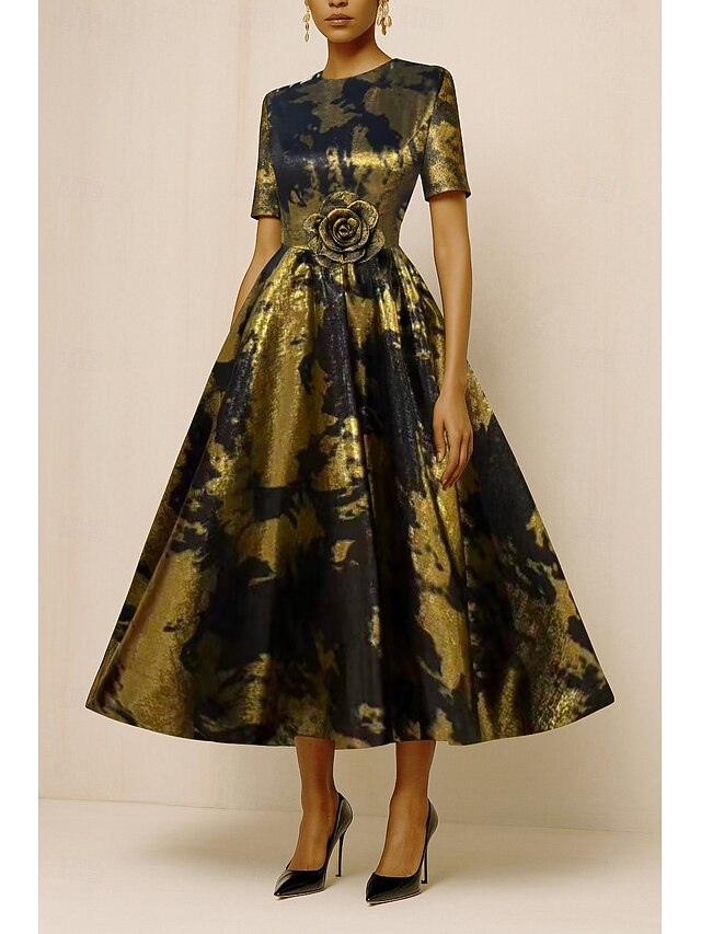 Black and Gold A-Line Cocktail Dresses Elegant Dress Formal Wedding Ankle Length Short Sleeve Crew Neck Pocket Nylon with Floral Print 20254
