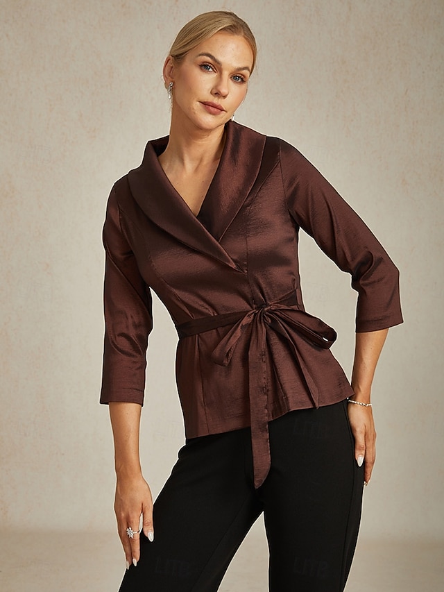  Dames Blouse Avondtops Elegant metallinen Stijlvol 3/4 mouw V-hals Normale tops Bruiloft gast Avond Feest Semi formeel strik voorkant Bruin Lente, Herfst, Winter, Zomer