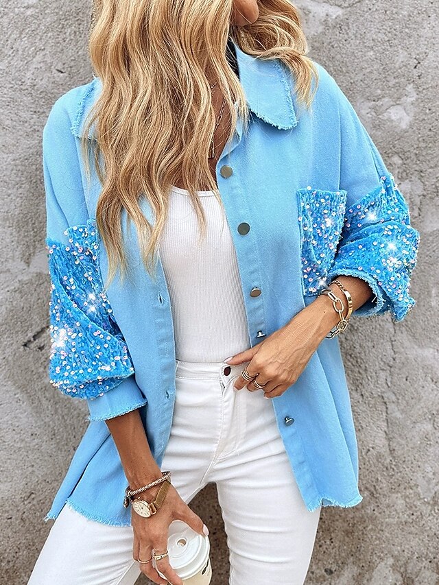 Women's Casual Jacket Comfortable Breathable Pocket Buttons Casual Street Style Color Block Vacation Street Casual Daily Wear Single Breasted Short Turndown Regular Fit Long Sleeve Outerwear Blue4