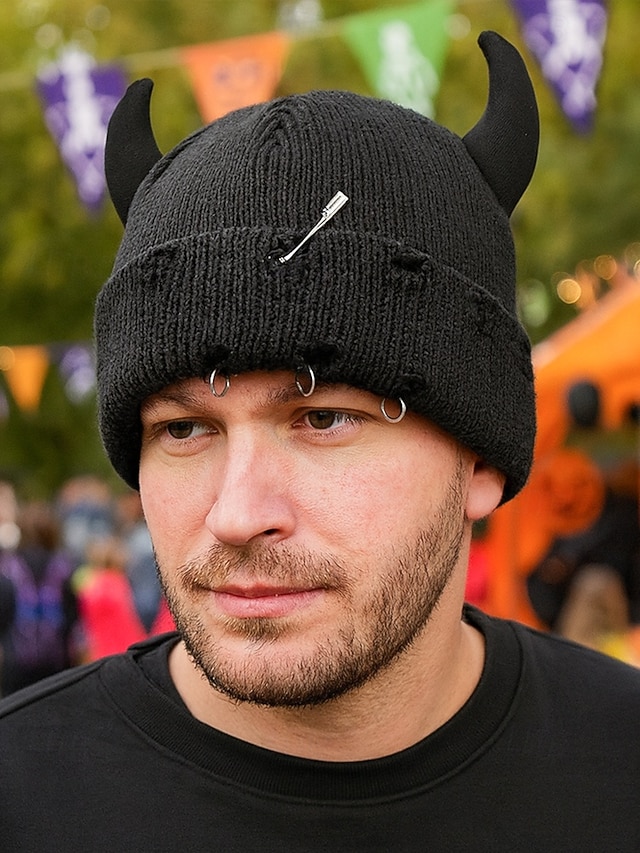  unisex halloween-paholaisen sarvineulepipo – goottilainen punk-kallomyssy hakaneulalla ja rengaskorjauksilla miehille ja naisille, juhla-asu