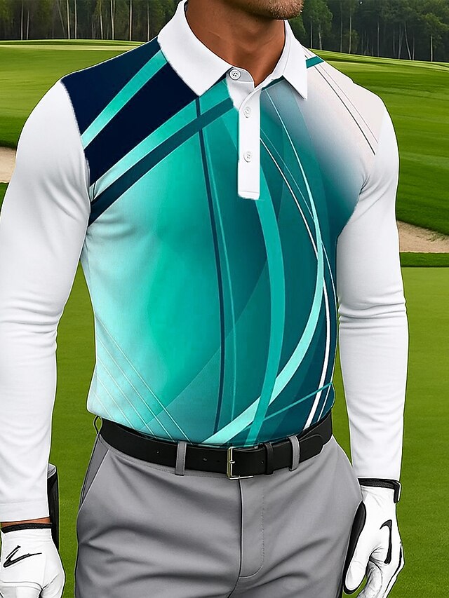  Herre Geometrisk Golf Polo Langærmet Polo skjorter Knaphul Afslappet udendørs atletiktøj Dagligdagstøj 3D-udskrivning Knapper Forår Efterår Vinter Sø blå Rød Blå