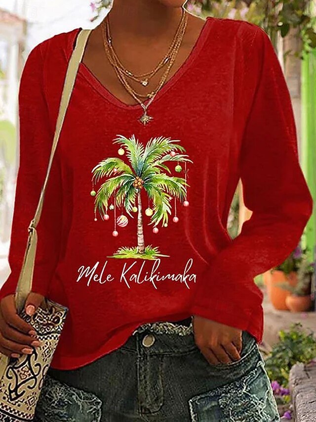 Christmas Women's T Shirt Graphic Christmas Tree Vintage Stylish Classic Long Sleeve V Neck Regular Tops Daily Print Red Green Gray Spring Fall Winter4