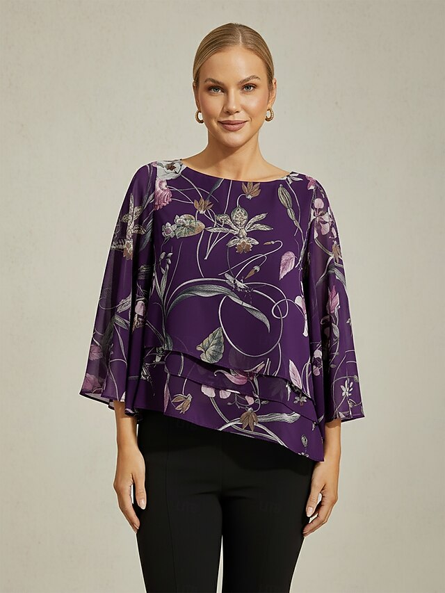 Women's Blouse Sheer Chiffon Dark Purple Floral Print Half Sleeve Layered Hem Round Neck Pullover4