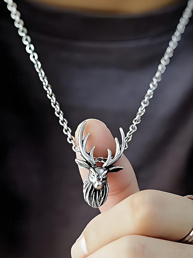  Pánský náhrdelník s jelení hlavou ze slitiny - vintage přívěsek s jelením parohem, ideální pro outdoorový styl a jako vánoční dárek