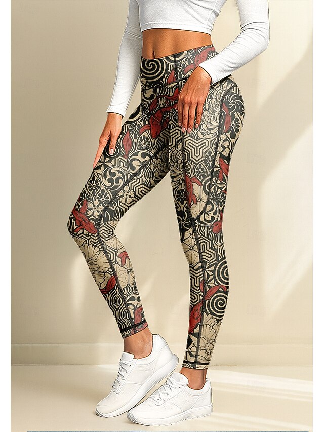 Women's pilates leggings fitness pants Gym Leggings Pockets Stamp Duty Side Pockets Pilates Gym Gym Workout Pants Tights Leggings Animal Patterned Boho Red Sports Activewear Stretchy Tight Fit4