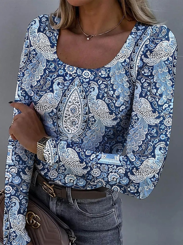  Per donna Tunica Floreale Grafico Uccello Vintage Moda Elegante Manica Lunga Collo quadrato Top Regolari Quotidiano Stampato Blu Viola Arancione Verde Primavera Autunno