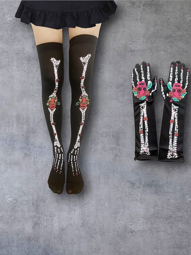  Women's Halloween Skeleton Leggings and Gloves Set - Dia de los Muertos Sugar Skull Design for Halloween Costume Party