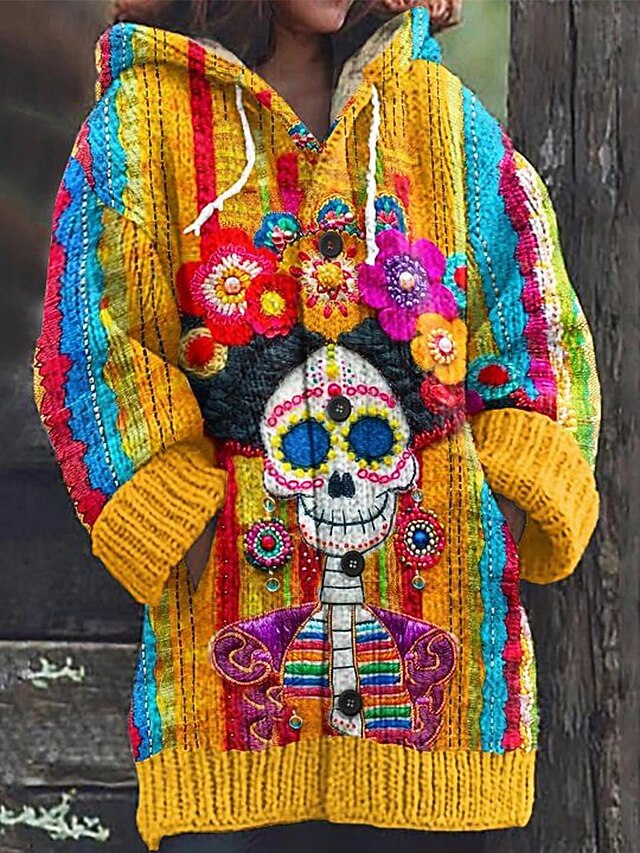 Halloween Women's Cardigan Daily Casual Floral Graphic Ribbed Hooded Pocket Buttons Print Long Sleeve Regular Tops Knit Outdoor Weekend Yellow Fall Winter4