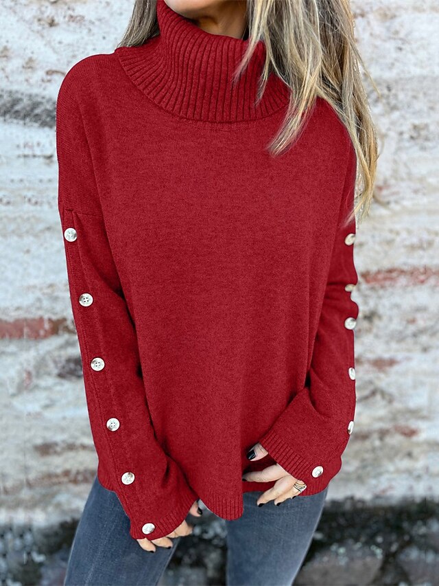 Women's Sweater Fashion Streetwear Casual Pure Color Ribbed Turtleneck Buttons Knitted Long Sleeve Regular Tops Knit Outdoor Daily Weekend Wine Fall Winter4