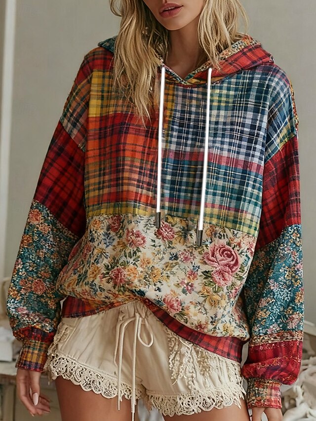 Women's Pullover Hoodies Floral Plaid Vintage Streetwear Casual Long Sleeve Hooded Regular Tops Dailywear Casual Print Red Spring Fall Winter4