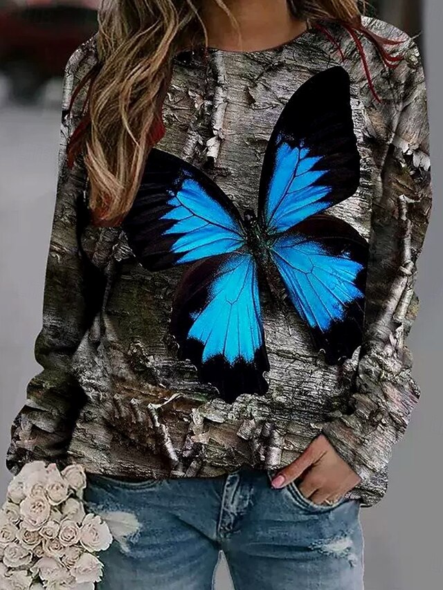 Women's Pullover Graphic Animal Butterfly Casual Long Sleeve Round Neck Regular Tops Casual Blue Light Grey Dark Gray Fall Winter4