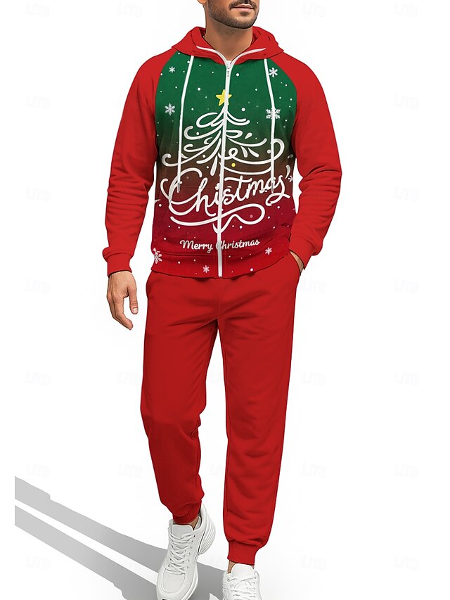 Christmas Men's Hoodie Tracksuit Zip Hoodie Drawstring Pockets Pants Hoodie Sweatshirt Fall Red Gym Workout Casual Basketball Baggy Long Sleeve Sport Activewear Stretchy Regular Fit4