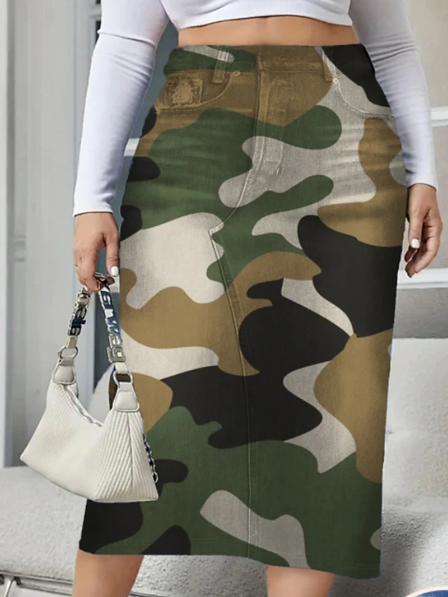 Women's Skirt Bodycon Fashion Casual Knee-length High Waist Skirts Camouflage Pocket Print Micro-elastic Street Daily Purple Green Fall Polyester Denim4
