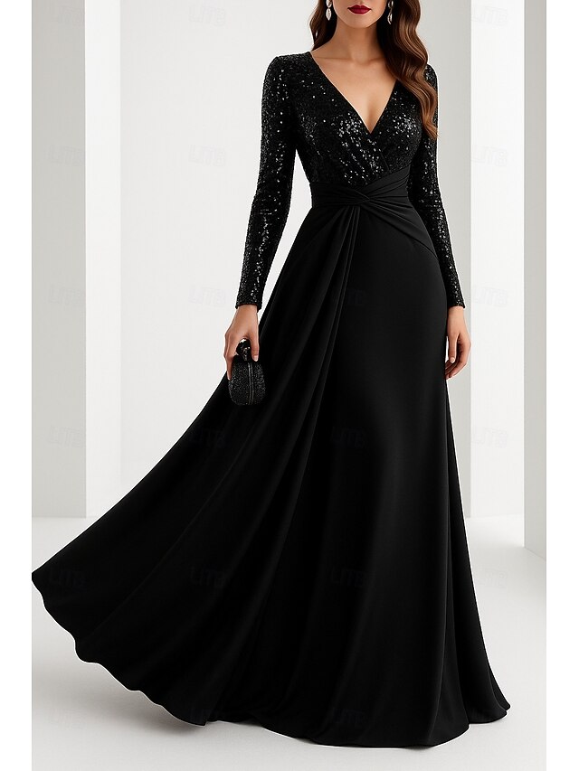 Black Tie A-Line Evening Gown Elegant Formal Dress Formal Wedding Floor Length Long Sleeve V Neck Sequined with Glitter Pleats 20254