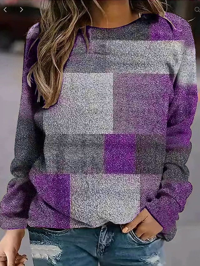  Mujer Sudadera Graphic Geométrico Plaid Moda Casual Manga Larga Escote Redondo Tops regulares Calle Uso Diario Casual Estampado Morado Marrón Verde Trébol Otoño Invierno