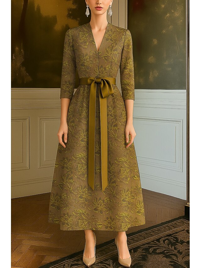 A-Line Evening Gown Elegant Formal Dress Formal Wedding Floor Length 3/4 Length Sleeve V Neck Pocket Nylon with Strappy 20254