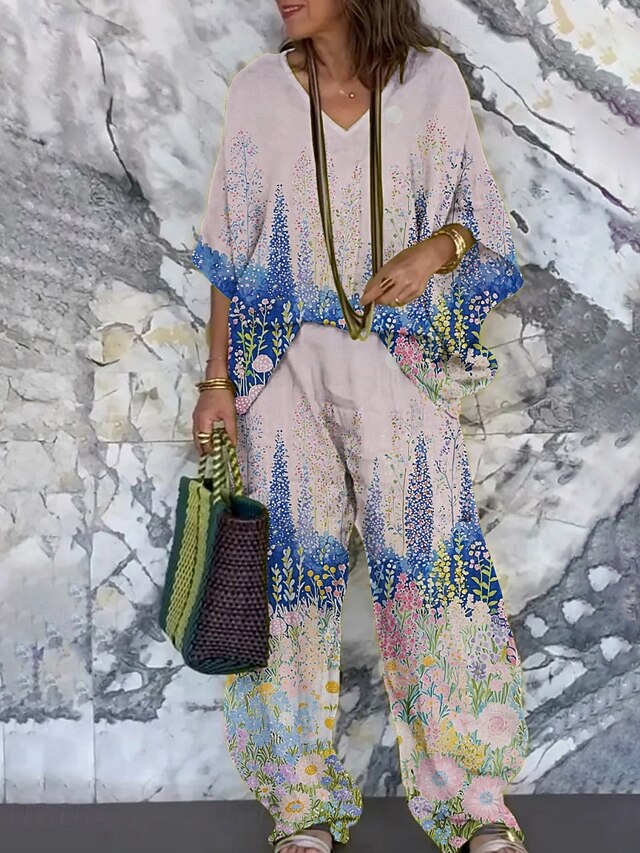 Women's Vacation Fashion Pants Sets 3/4 Length Sleeve V Neck Floral Print Vacation Daily Holiday Pink Summer Regular Fit4