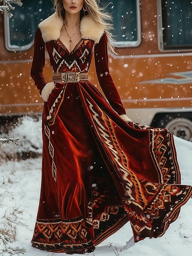 Women's Maxi Dress A Line Dress Casual Daily Regular Fit Ethnic Long Sleeve V Neck Wine Fall Winter4