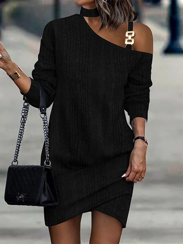 Women's Midi Dress Casual Dress Elegant Fashion Modern Outdoor Party Office Regular Fit Plain Long Sleeve One Shoulder Black Winter Autumn4