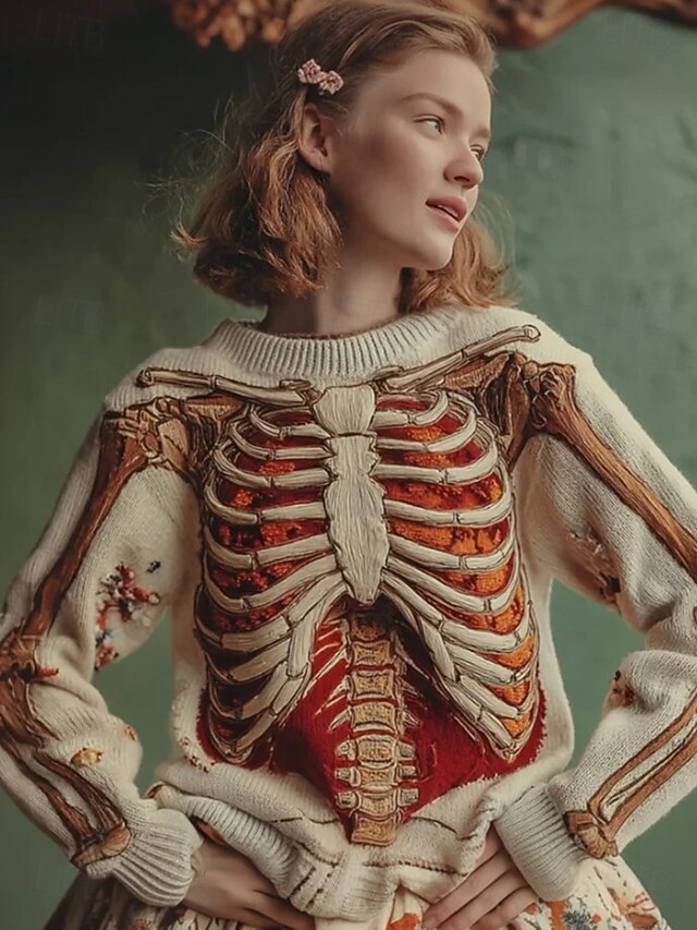 Halloween Women's Sweater Skeleton  Cute Streetwear Casual Graphic Skeleton Crew Neck Patchwork Knitted Long Sleeve Regular Tops KnitBlack Pink Fall Winter4