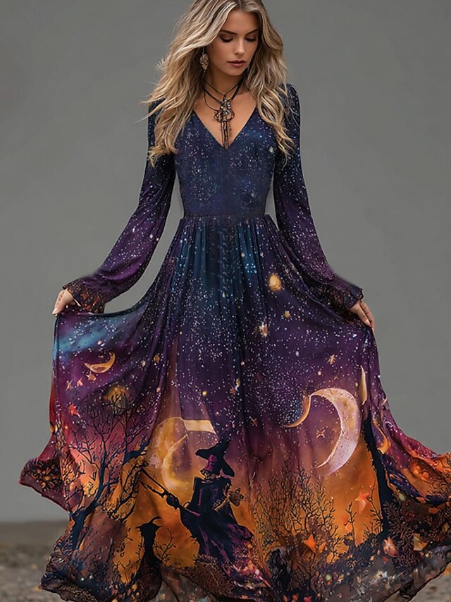 Halloween Women's Maxi Dress A Line Dress Boho Date Regular Fit Ombre Long Sleeve V Neck Purple Fall Winter4
