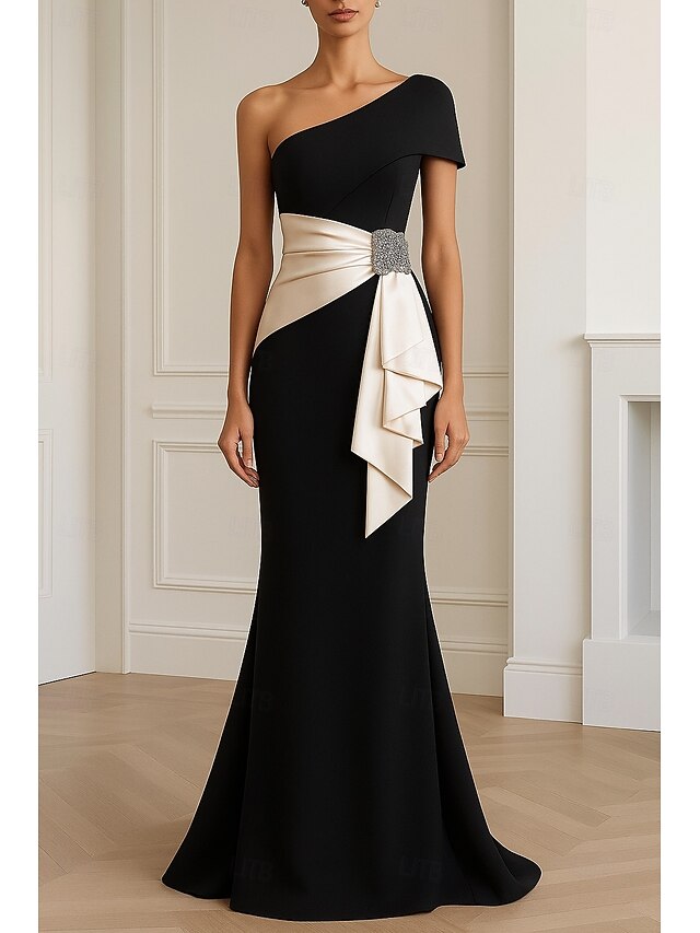 Black and White Mermaid Evening Gown Elegant Dress Formal Wedding Floor Length Sleeveless One Shoulder Stretch Crepe with Bow(s) Ruffles4